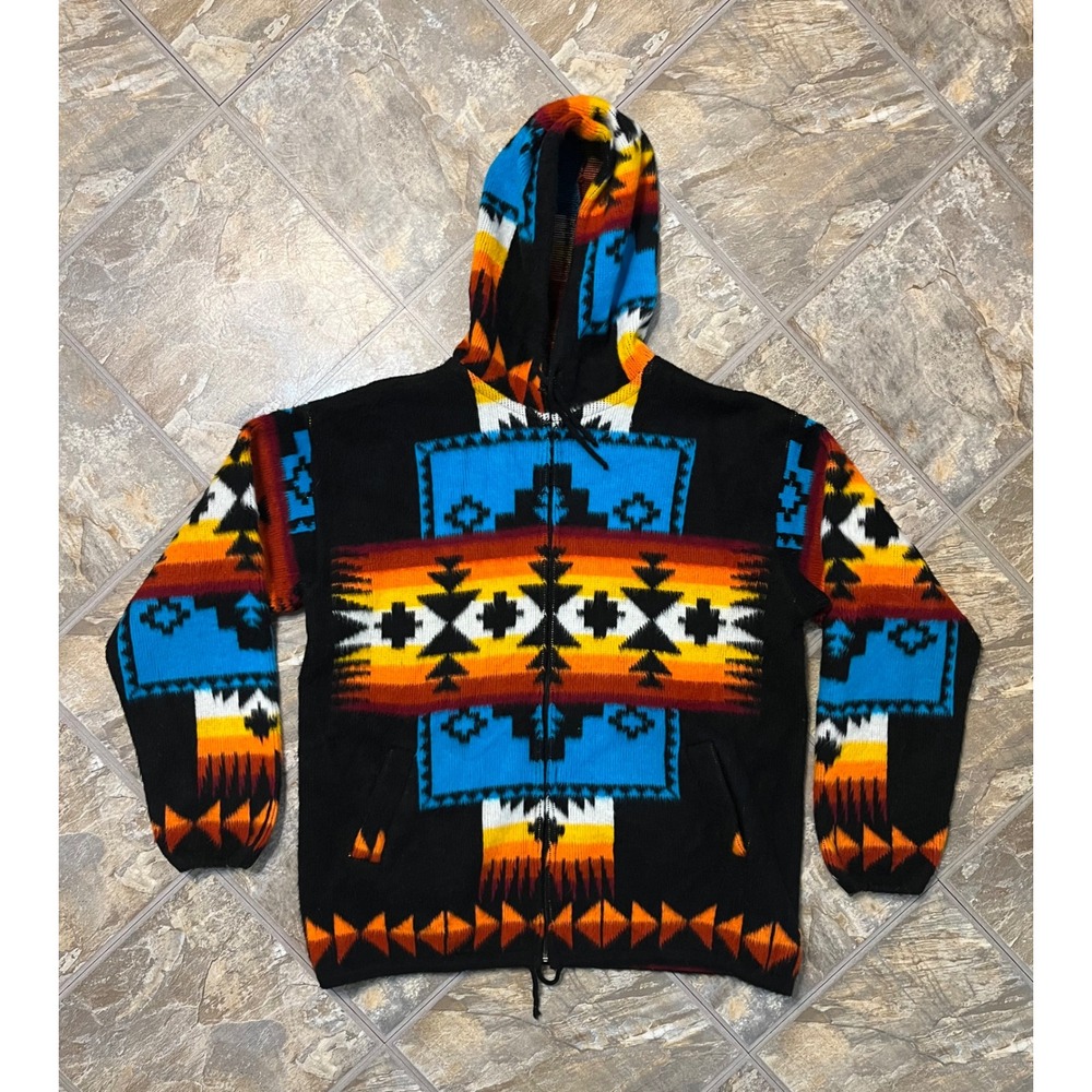 Artesania Tuntaquimba Wool Hoodie Mens L Black Southwestern Zip Up Ecuador